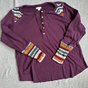 100% cotton Sundance Purple Long Sleeve henley Top with Multicolor Accents